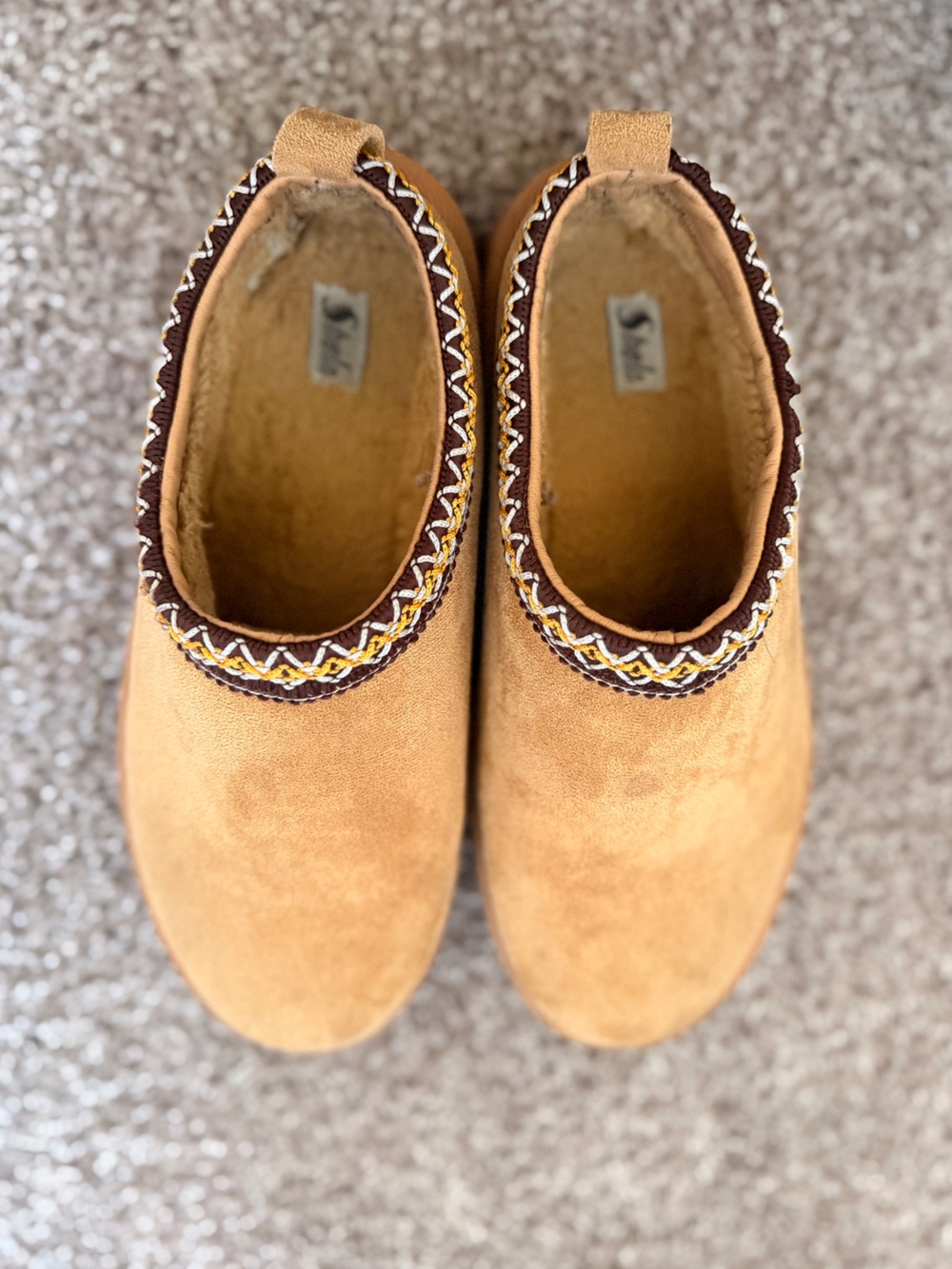 Tan Suede-Look Slip-On Mules with Braided Trim